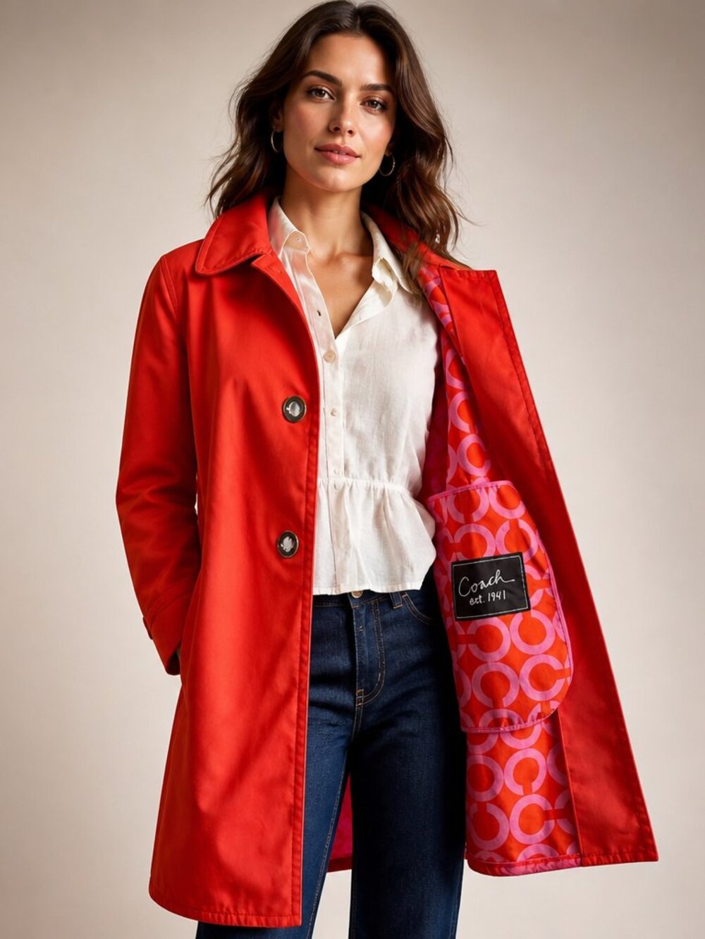 Coach Coral Reddish Orange Trench Coat with Pink Signature Lining Size 6